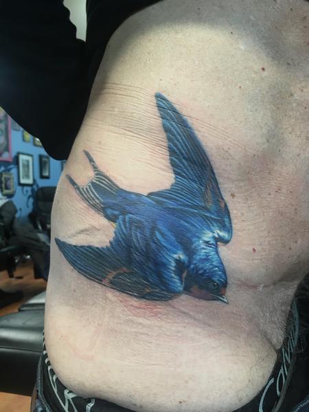 Tattoos - Realistic blue sparrow on hip - 137379